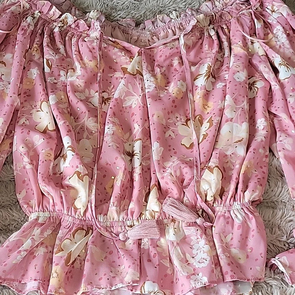 🌞Floral Off-Shoulder Pink Blouse - Picture 4 of 5